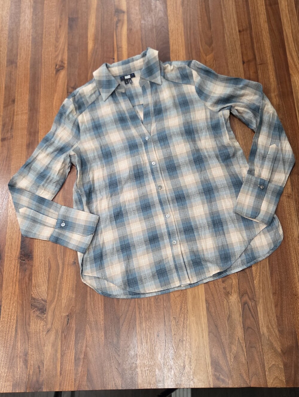Paige Davlyn Cozy Plaid Button-Down Shirt Teal Tan Slightly Oversized V Neck Sm